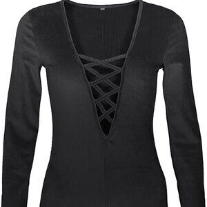 New Sexy Women Bodysuit Sleeveless V Neck Stretch Romper Pajama Onesy Black